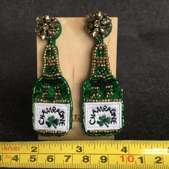 Felt Fabric Rhinestone & Sequin Champagne Bottle Shamrock Earrings, Green, Gold - Picture 15 of 16